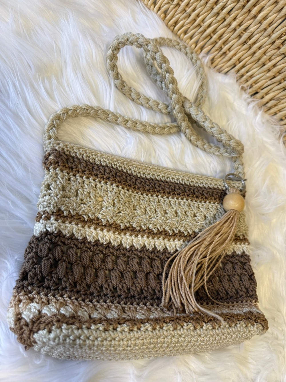 Boho Crochet Crossbody Bag Zipper Top in Beige and Brown with Tassel